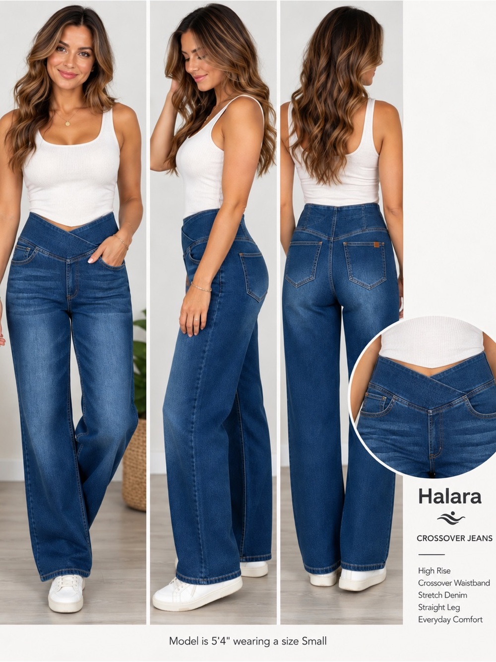 Halara Crossover Waist Wide Leg Jeans Dark Wash Blue Denim Size Small Petite
